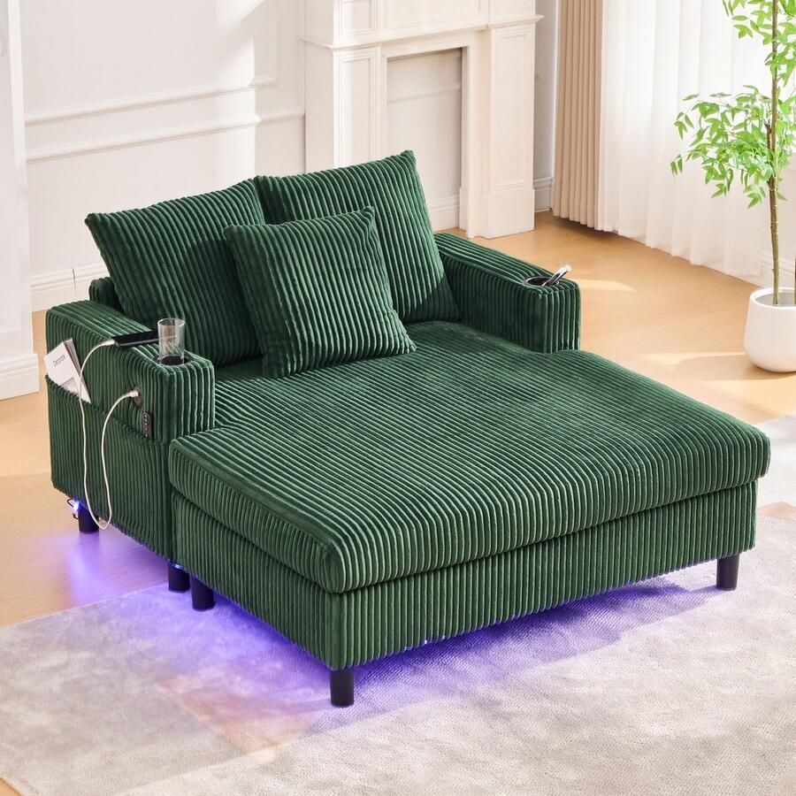 Sweiko Fauteuil Met bekerhouder USB-poort LED-verlichting Corduroy Emerald