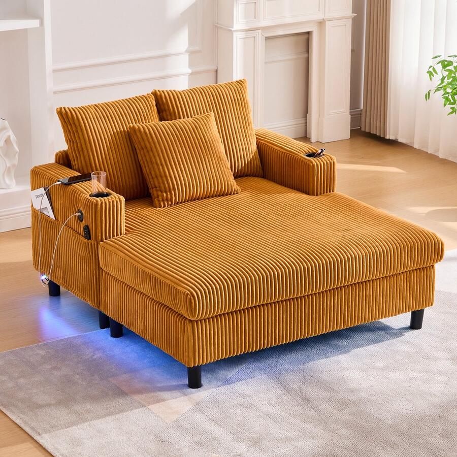 Sweiko Fauteuil Met bekerhouder USB-poort LED-verlichting Corduroy Geel
