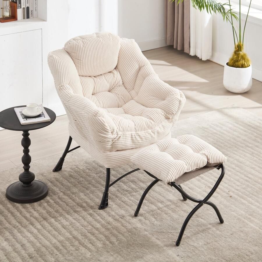 Sweiko Fauteuil met Hocker Hoofdsteun Gestoffeerde stoel Beige