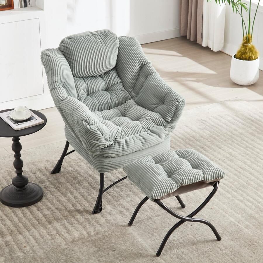 Sweiko Fauteuil met Hocker Hoofdsteun Gestoffeerde stoel lichtgrijs