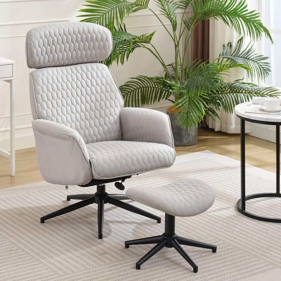 Sweiko Fauteuil met Hocker Neighoek 95-125° Verstelbare hoofdsteun Bureaustoel 360° draaibaar Grijs