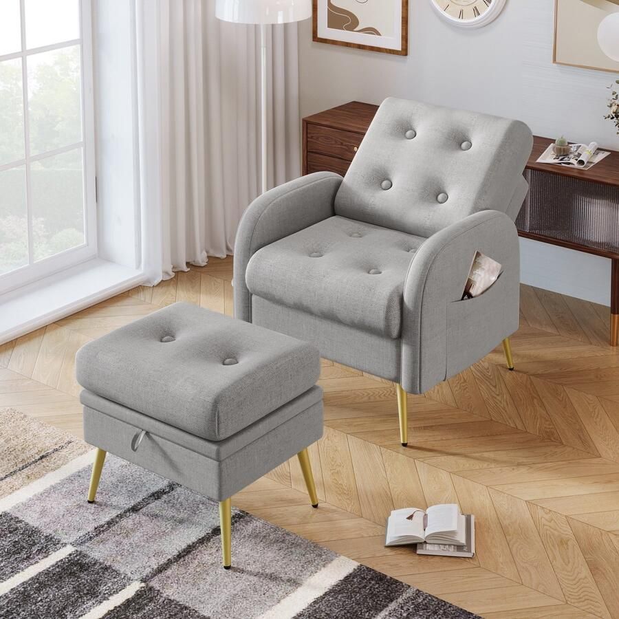Sweiko Fauteuil met Hocker Verstelbare rugleuning met Opbergrek Grijs