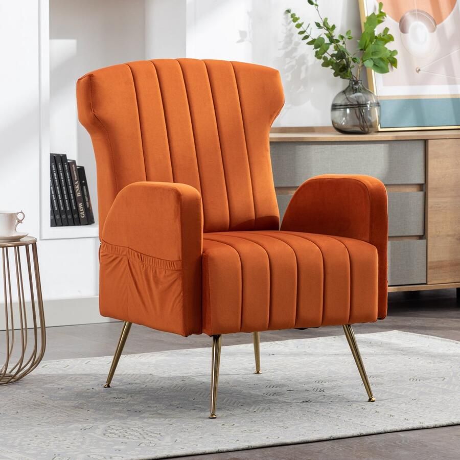 Sweiko Fauteuil Metalen poten Gestoffeerde bijzetfauteuil Lounge single bank Hoge rug Velvet Oranje