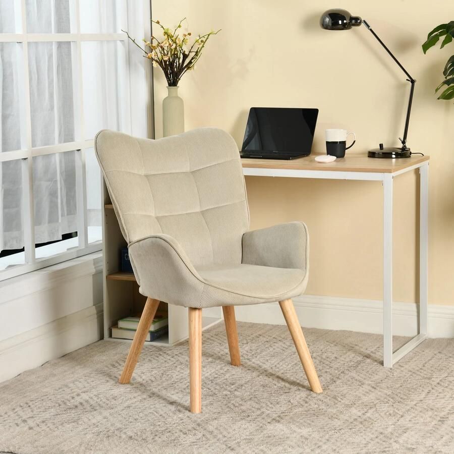 Sweiko Fauteuil Scandinavische stijl Corduroy Eiken poten Beige