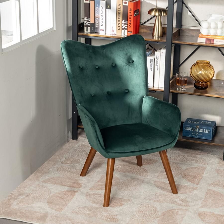 Sweiko Fauteuil Scandinavische stijl Hoge rug Fluwelen kussen Groen