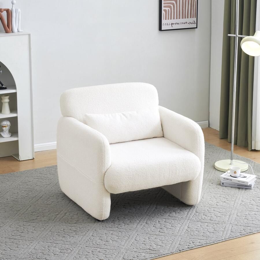 Sweiko Fauteuil Teddy Fluwelen Stoel met Kussens Enkele Sofa Stoel Wit