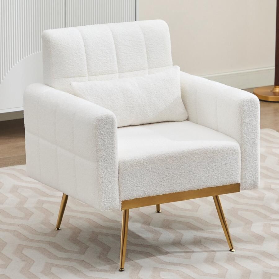 Sweiko Fauteuil Teddy stof Metalen poten Ergonomisch Met lendenkussen Wit