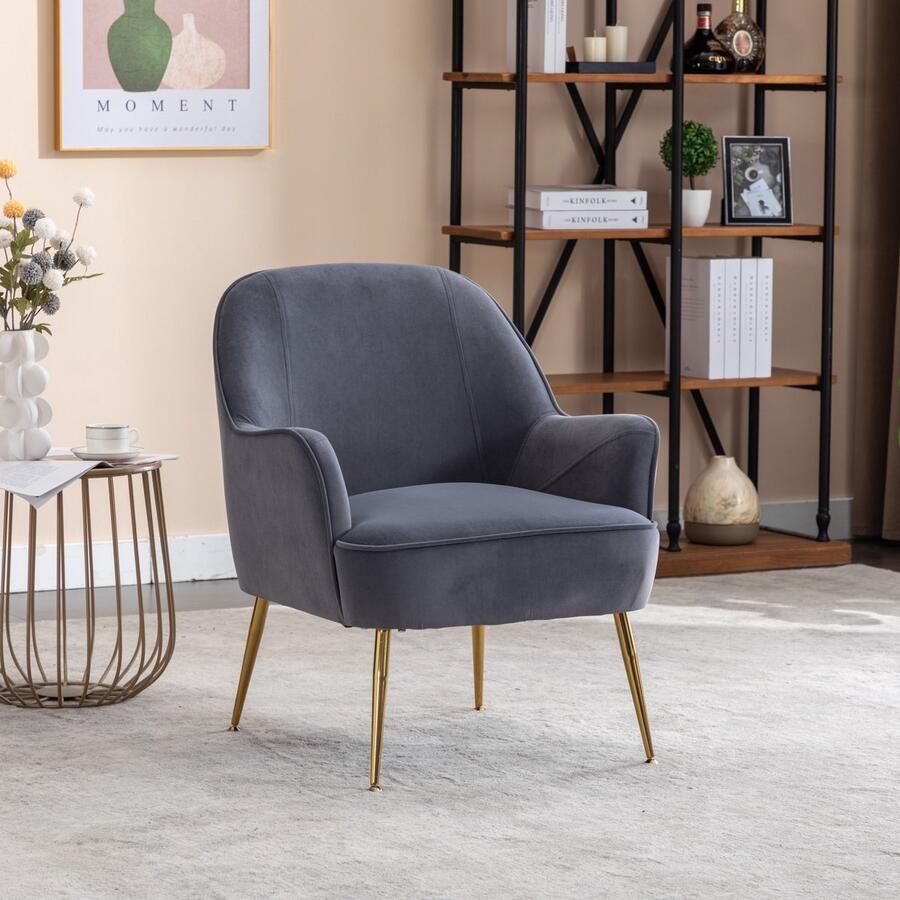 Sweiko Fauteuil Velvet Make-up stoel Gouden poten Grijs