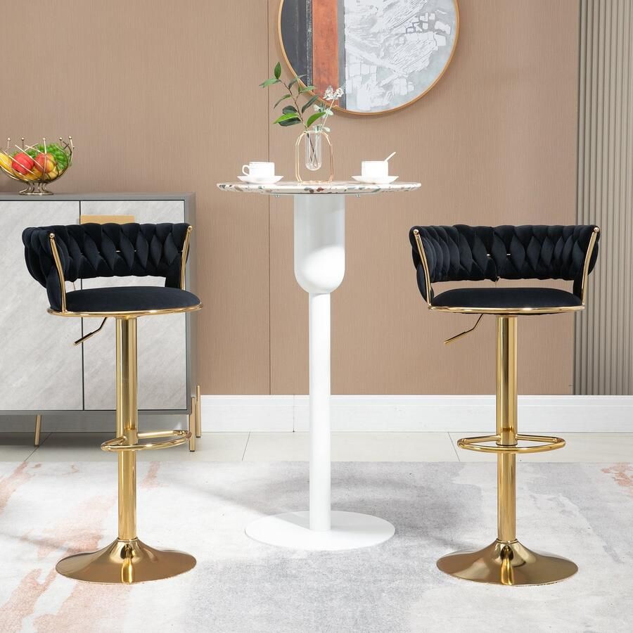 Sweiko Fluwelen 360° draaibare barkruk 2-delige set handgemaakte rugleuning met één klik verstelbare in hoogte barkruk zeer zacht gepolsterde keuken eetkamerstoel moderne barkruk voor keukeneiland coffeeshop Zwart