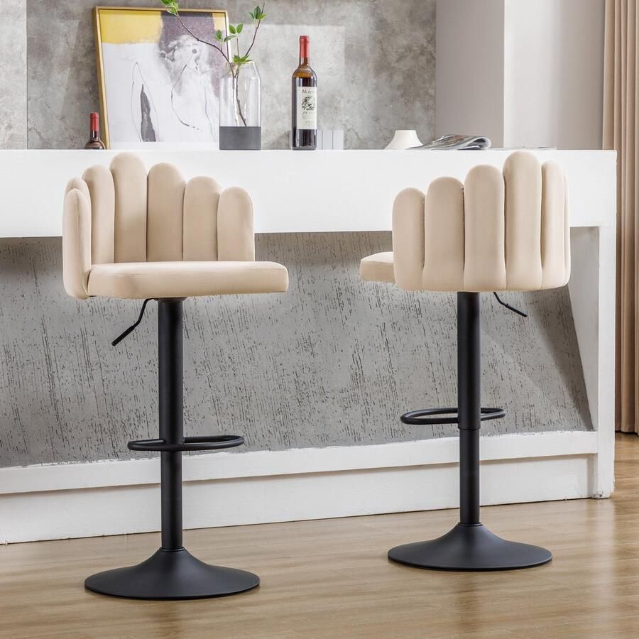 Sweiko Fluwelen Barstoel 4-delige set Roterende barstoel in hoogte verstelbare stoel moderne vrijetijdsstoel bloemblad stoel met voetenbank geschikt voor restaurants en bars Beige kleur