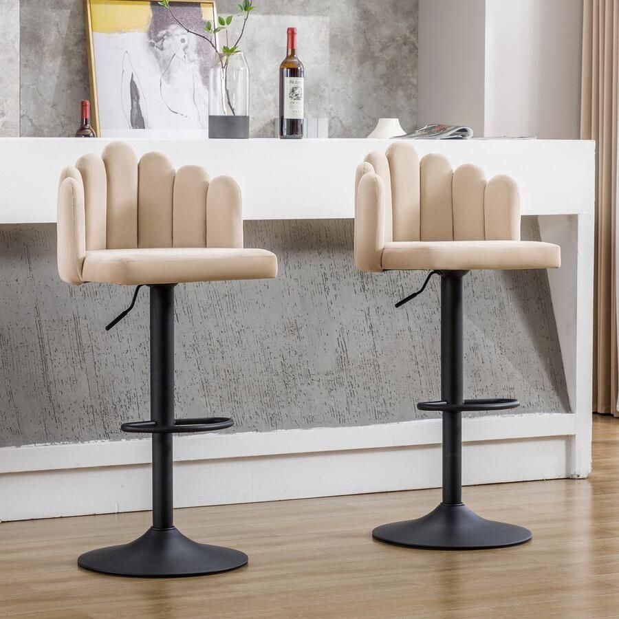 Sweiko Fluwelen Barstoelen 2-set Barkruk Draaibare barstoelen in hoogte verstelbare stoelen Moderne vrijetijdsstoelen Bloemblaadjesstoelen met voetsteun geschikt voor restaurants en bars Beige
