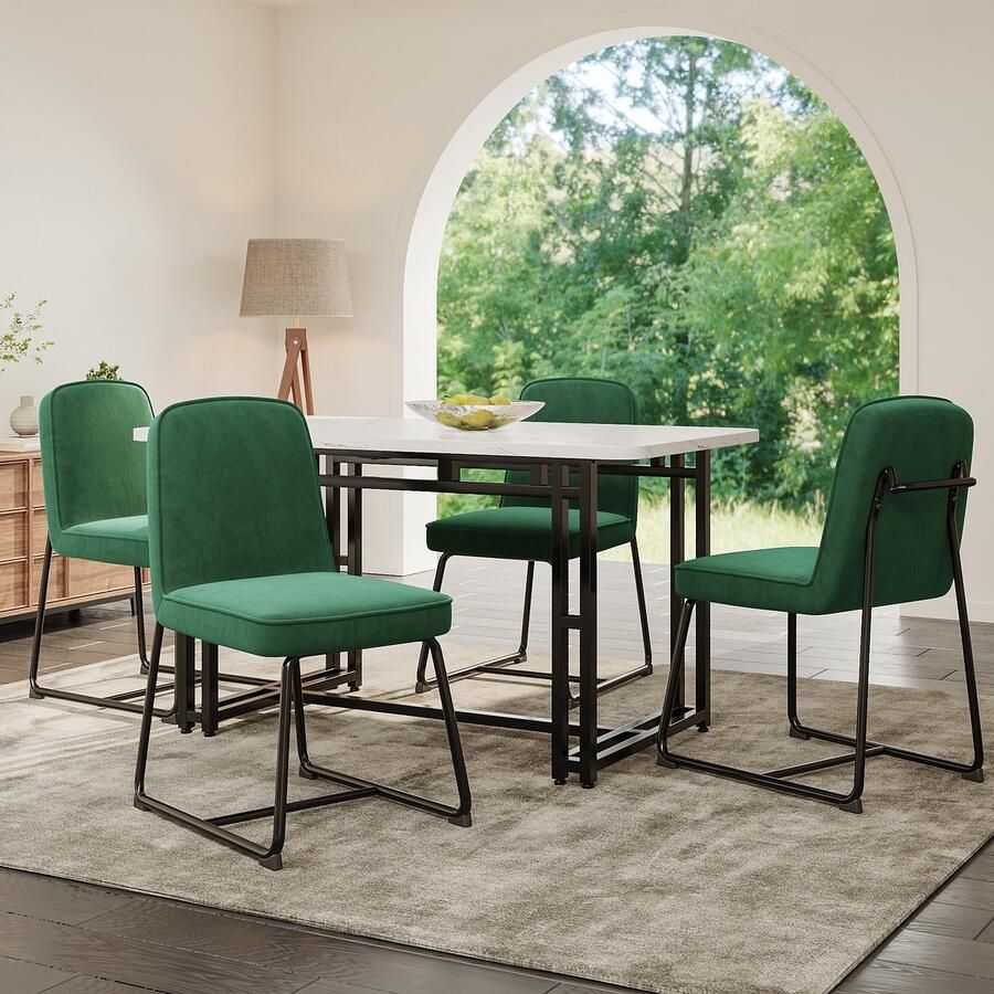 Sweiko Fluwelen Eetkamerstoel 4-delige set met zwart metalen frame zacht kussen en rugleuning Geschikt voor woonkamer eetkamer modieus en eenvoudig Groen