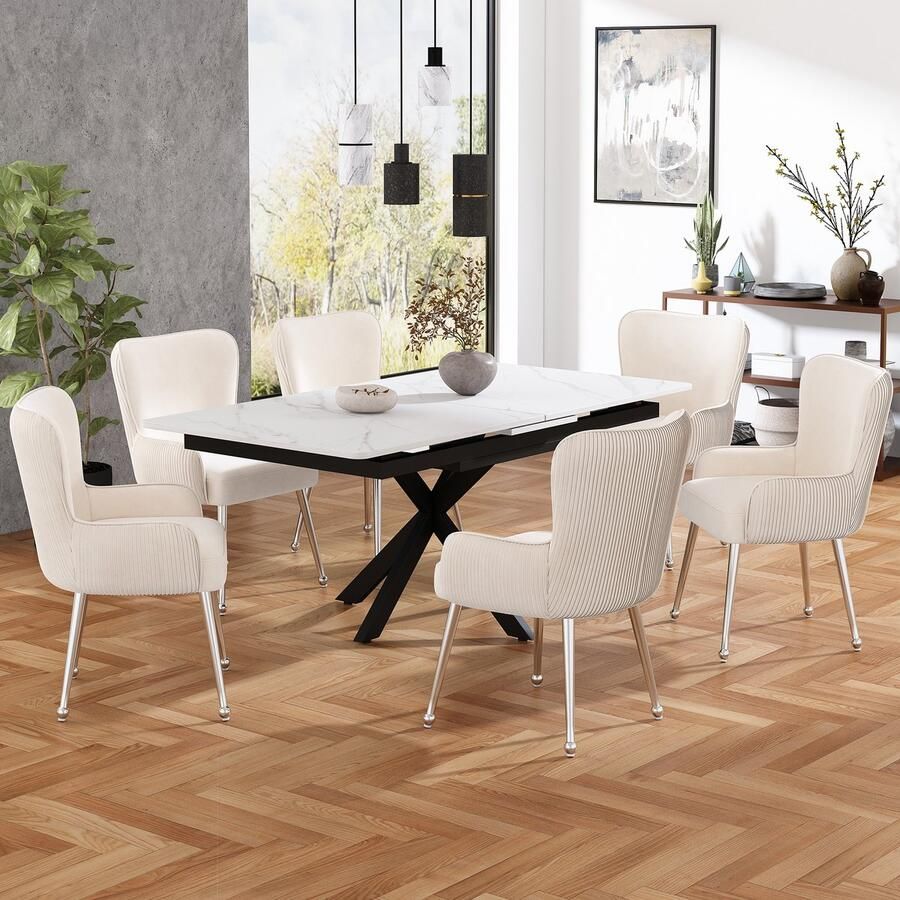 Sweiko Fluwelen Eetkamerstoel 6-delige set Eetkamerstoel Met Vier Zilveren metalen poten armleuningen en verstelbare voeten lendensteun Beige luxe woonkamer slaapkamer (geen tafel)