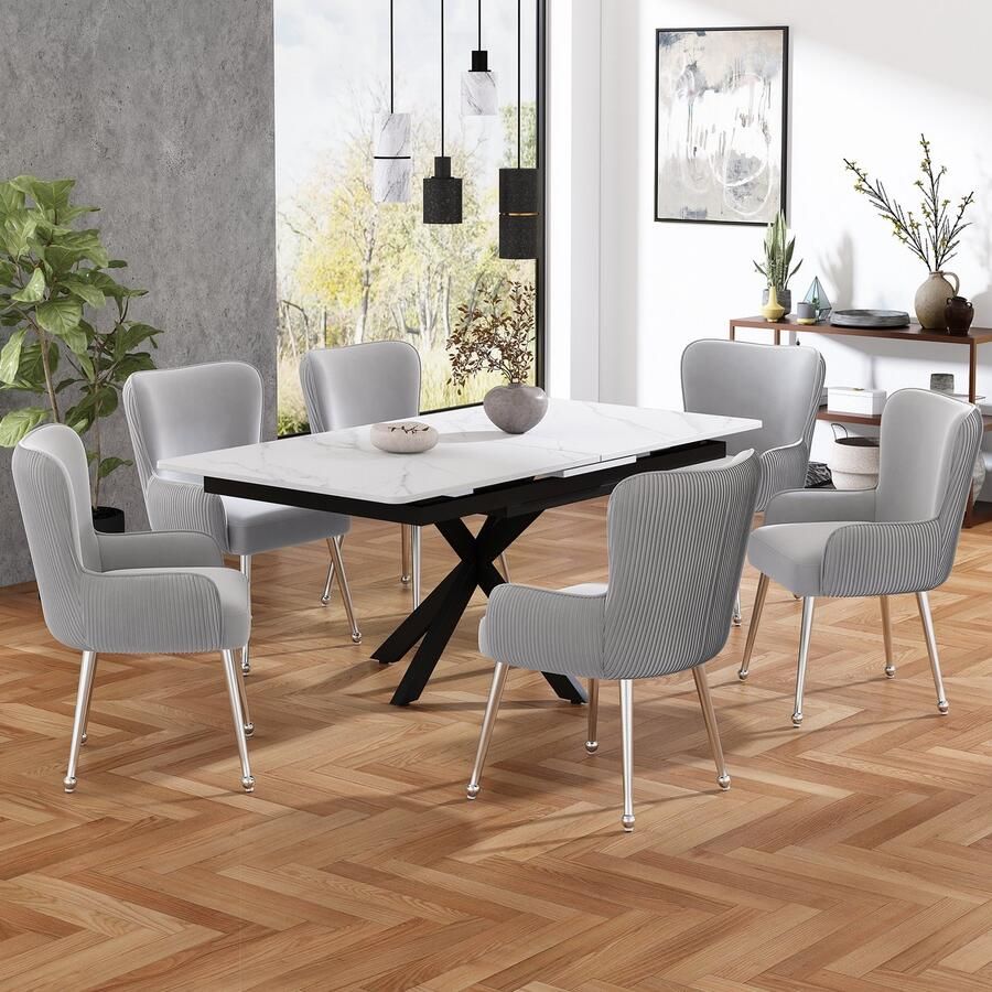 Sweiko Fluwelen Eetkamerstoel 6-delige set Eetkamerstoel Met Vier Zilveren metalen poten armleuningen en verstelbare voeten lendensteun Grijs luxe woonkamer slaapkamer (geen tafel)