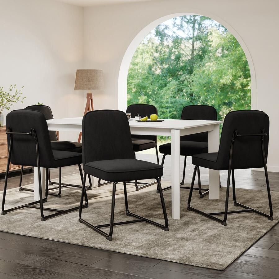 Sweiko Fluwelen Eetkamerstoel 6-delige set met zwart metalen frame zacht kussen en rugleuning Geschikt voor woonkamer eetkamer modieus en eenvoudig Zwart