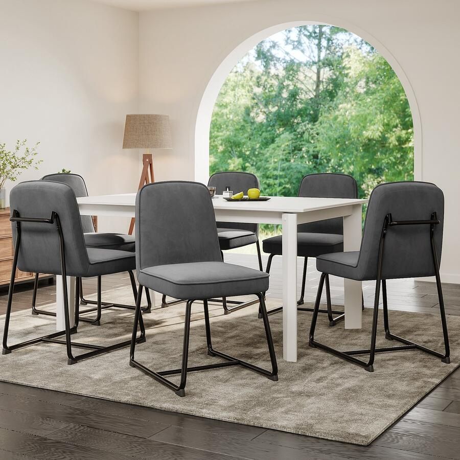 Sweiko Fluwelen Eetkamerstoel 6-delige set met zwart metalen frame zacht kussen en rugleuning Geschikt voor woonkamer eetkamer modieus en eenvoudig Grijs