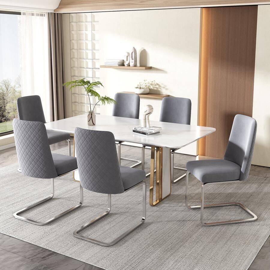Sweiko Fluwelen Eetkamerstoel Diamant Rugleuning Ontwerp met Zilveren metalen steunpoten Grijs 6-delige set luxe woonkamer slaapkamer loungestoel