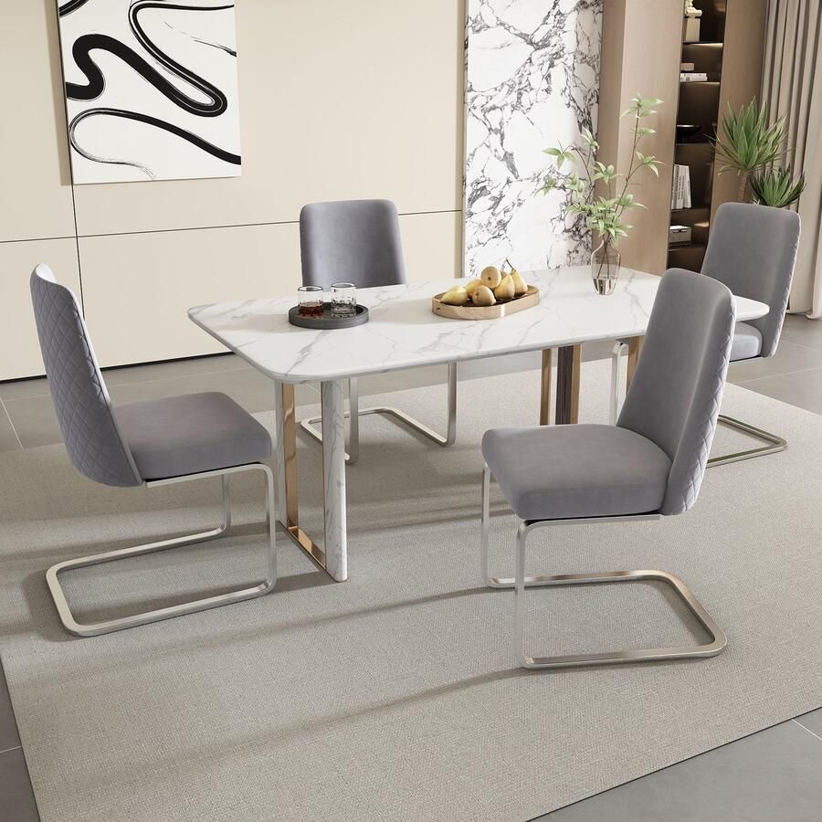Sweiko Fluwelen Eetkamerstoel Diamant Rugleuning Ontwerp met Zilveren metalen steunpoten Grijs 4-delige set luxe woonkamer slaapkamer loungestoel