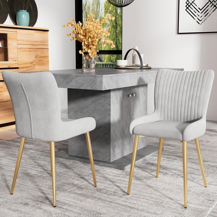 Sweiko Fluwelen Eetkamerstoel Loungestoel met vier Gouden metalen poten Lendensteun Grijs 2-delige set luxe woonkamer slaapkamer
