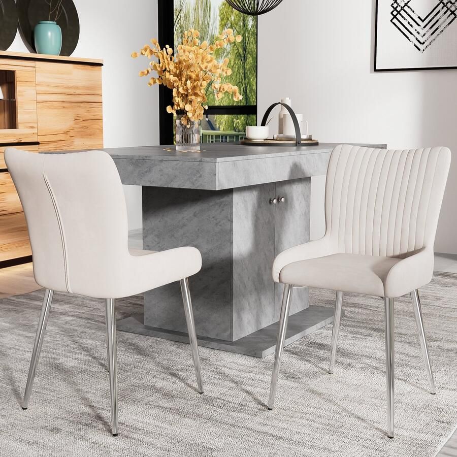 Sweiko Fluwelen Eetkamerstoel Loungestoel met Vier Zilveren Metalen poten Lendensteun Beige kleur 2-delige set luxe woonkamer slaapkamer