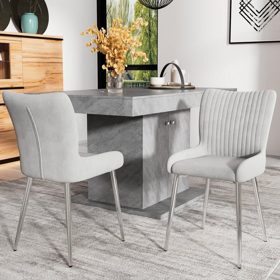 Sweiko Fluwelen Eetkamerstoel Loungestoel met Vier Zilveren Metalen poten Lendensteun Grijs tweedelige set luxe woonkamer slaapkamer