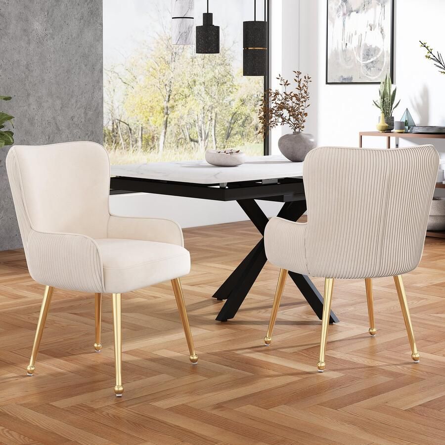 Sweiko Fluwelen Eetkamerstoelen 2-sets Met Vier Gouden Metalen Poten Armleuningen en verstelbare voeten lendensteun Beige luxe woonkamer slaapkamer vrijetijdsstoelen (Geen tafel)