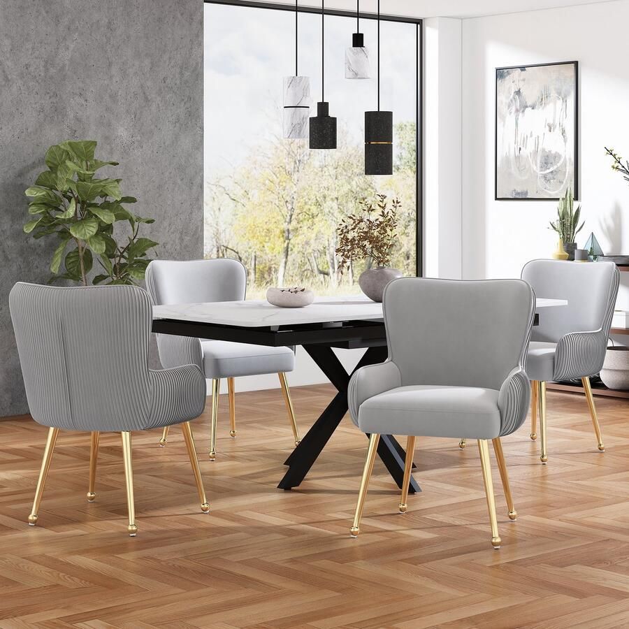 Sweiko Fluwelen Eetkamerstoelen 4-sets Met Vier Gouden Metalen Poten Armleuningen en verstelbare voeten lendensteun Grijs luxe woonkamer slaapkamer vrijetijdsstoelen (Geen tafel)