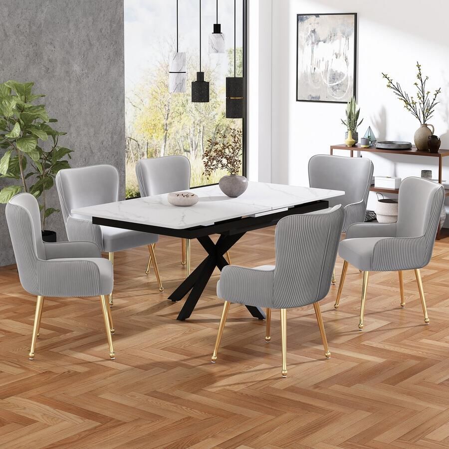 Sweiko Fluwelen Eetkamerstoelen 6-sets Met Vier Gouden Metalen Poten Armleuningen en verstelbare voeten lendensteun Grijs luxe woonkamer slaapkamer vrijetijdsstoelen (Geen tafel)