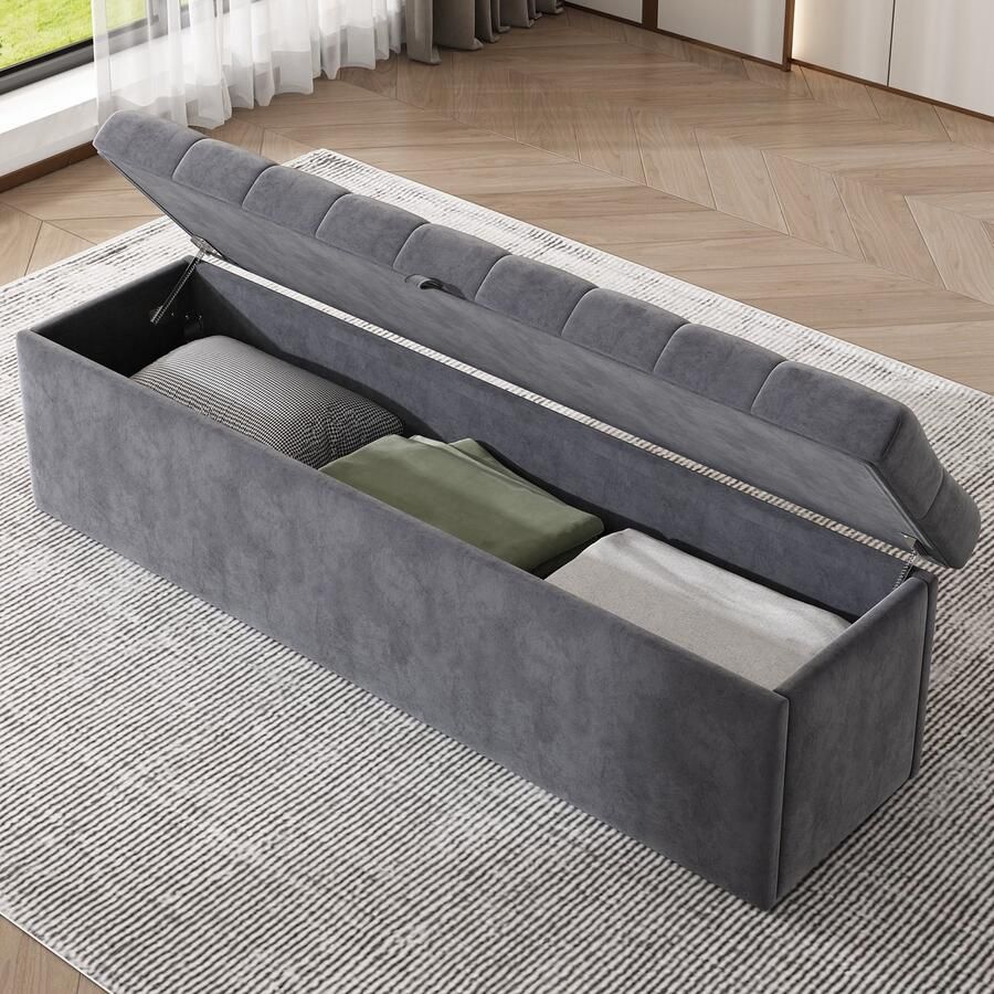 Sweiko Fluwelen gewatteerde bank bedbank bank met opbergruimte grijs 138 x 41 x 42 cm