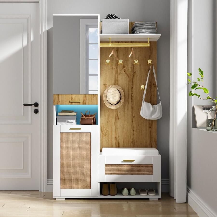Sweiko Garderobeset 5 jashaken Schoenenkast + spiegel + bankje LED-verlichting Wit + Natuurlijk