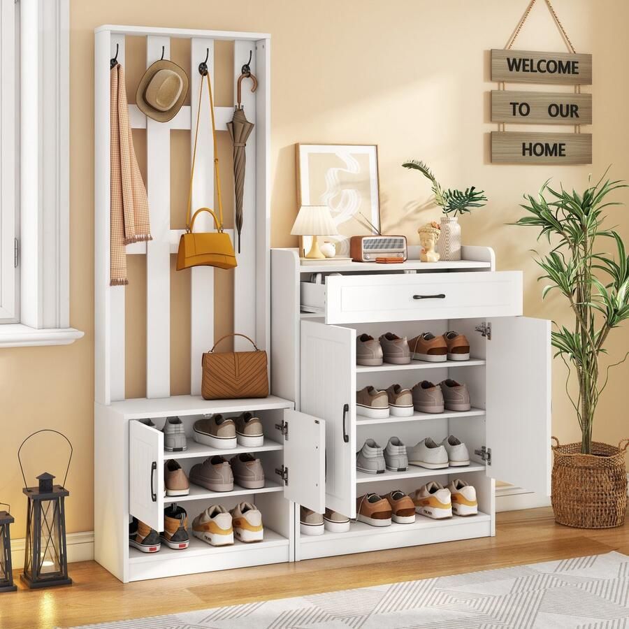 Sweiko Garderobeset Schoenenkast Met 4 haken Lade Schoenenbank Wit
