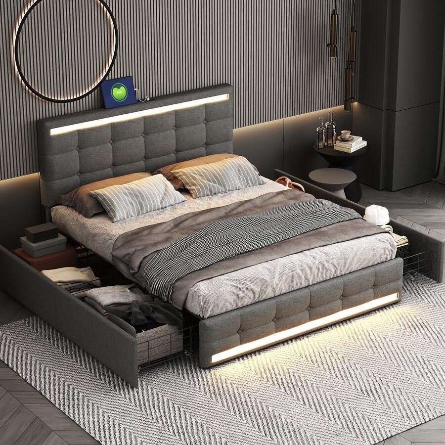 Sweiko Gestoffeerd bed 140 * 200 cm met 4 laden en 2 USB-laadladen Bedframe met LED-verlichting Gestoffeerd platformbed met hoofdeinde en opbergruimte Grijs