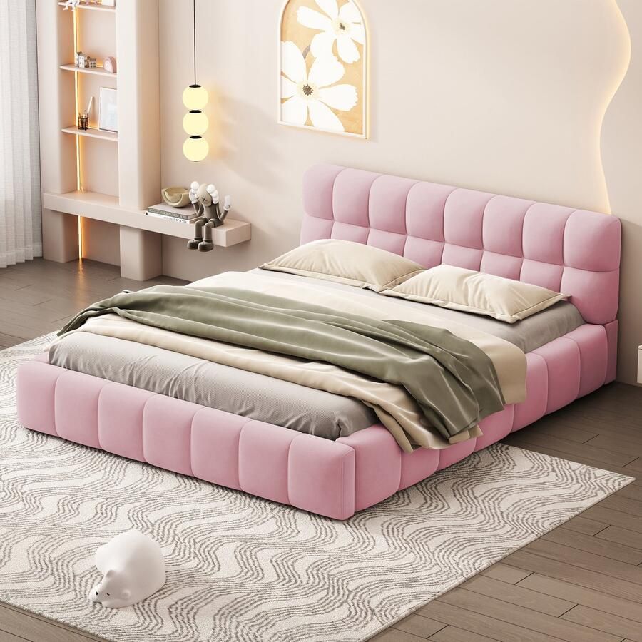 Sweiko Gestoffeerd bed 140 x 190 cm Jeugdbed Tweepersoonsbed met zachte rug plat bed met gestoffeerd frame Flat noedles frame linnen Roze (Excl. matras)