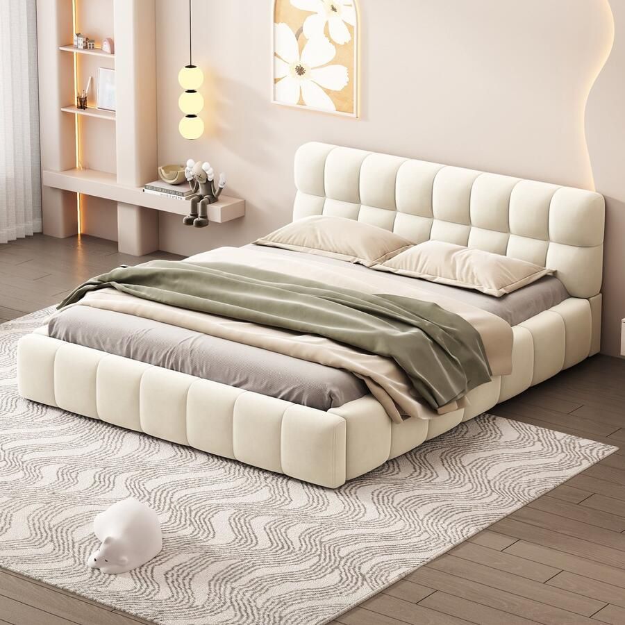 Sweiko Gestoffeerd bed 140 x 190 cm Jeugdbed Tweepersoonsbed met zachte rug plat bed met gestoffeerd frame Flat noedles frame linnen Beige (Excl. matras)