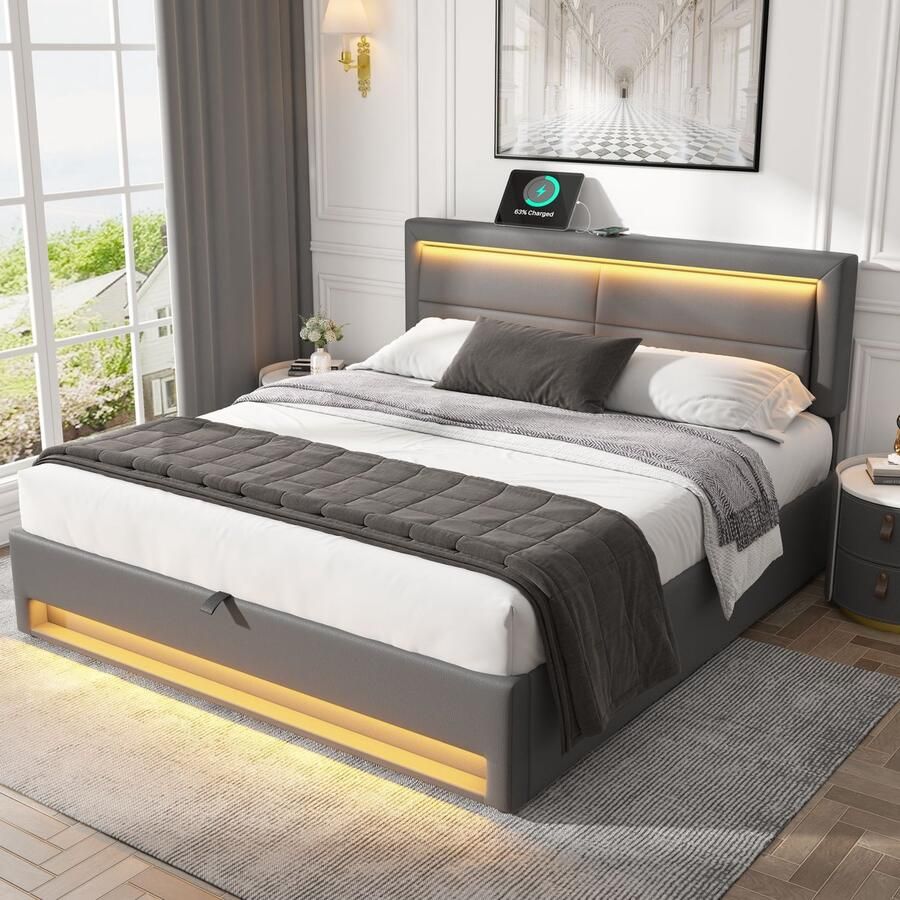 Sweiko Gestoffeerd bed 140 x 200 cm met USB-poort (ondersteunt draadloos en bedraad opladen) met LED-verlichting en opslagruimte zonder matras PU lychee patroon