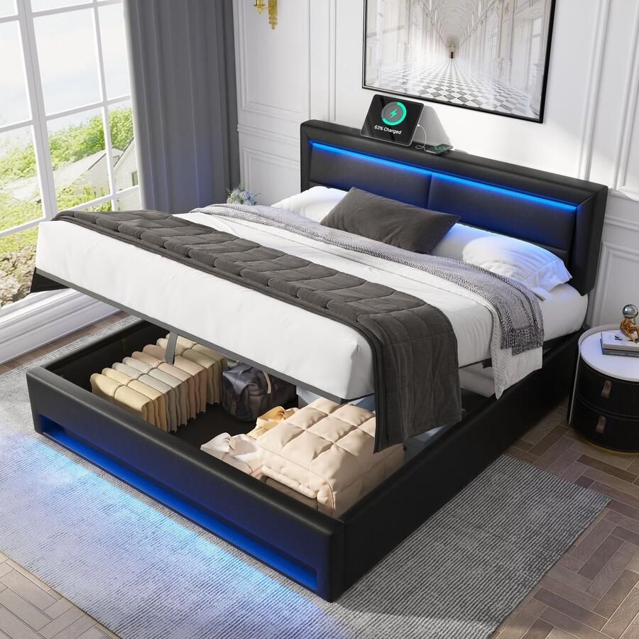 Sweiko Gestoffeerd Bed 140 x 190 cm met USB-poort (ondersteunt draadloos en bedraad opladen) met LED-verlichting en opbergruimte zonder matras PU Zwart