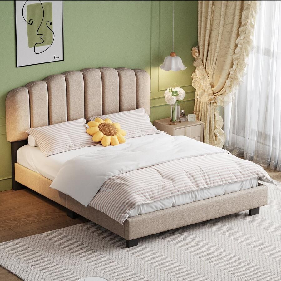 Sweiko Gestoffeerd bed 140 x 200 cm Bed met lattenbodem (zonder matras) Verstelbaar hoofdeinde Linnen Minimalistisch Donker beige