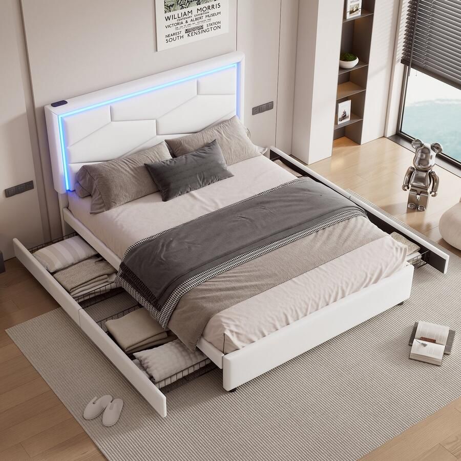 Sweiko Gestoffeerd bed 140 x 200 cm LED-strip vier laden USB+Type C-interface PU zonder matras wit