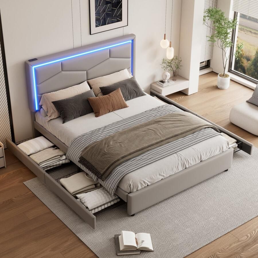Sweiko Gestoffeerd bed 140 x 200 cm LED-strip vier laden USB+Type C-interface PU zonder matras grijs