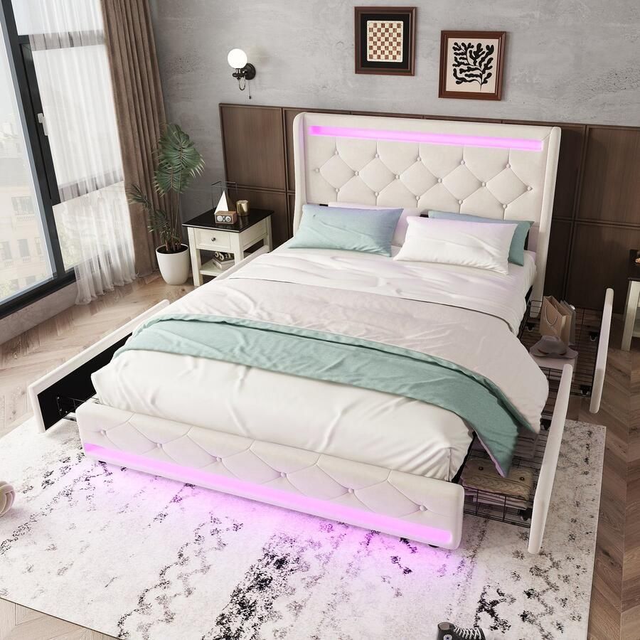 Sweiko Gestoffeerd bed 140 x 200 cm LED-verlichting vier laden fluweel zonder matras beige