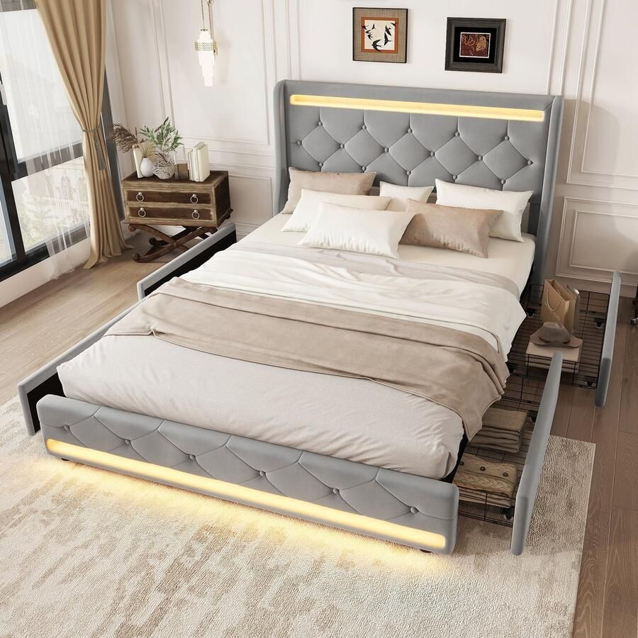 Sweiko Gestoffeerd bed 140 x 200 cm LED-verlichting vier laden fluweel zonder matras grijs