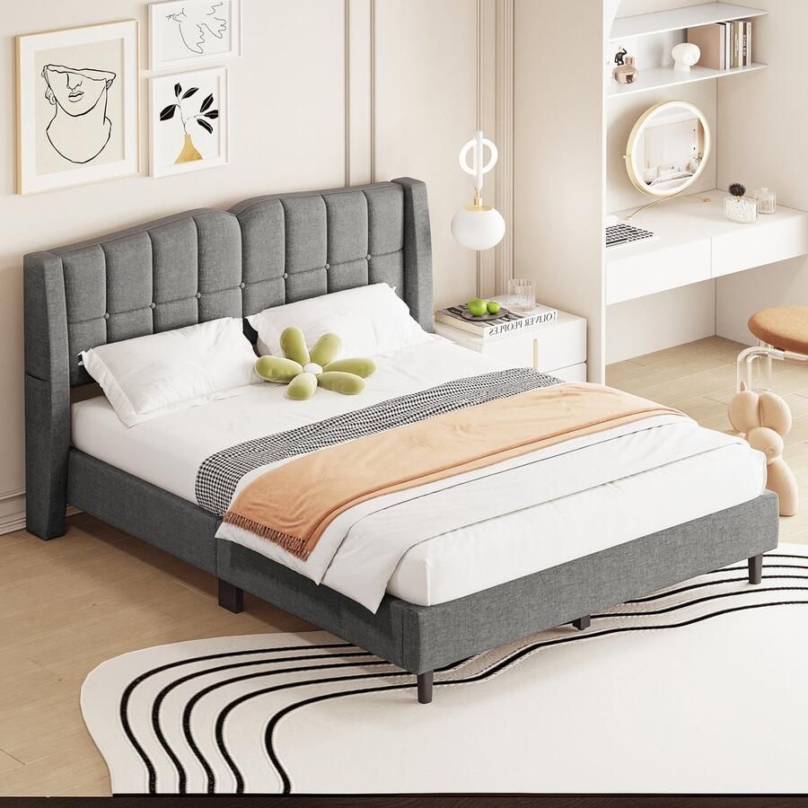 Gutent Tweepersoonsbed Grijs(Zonder matras) 140 x 200 cm met Lattenbodem Unieke hoofdbordvorm knoopdesign linnen minimalistische stijl