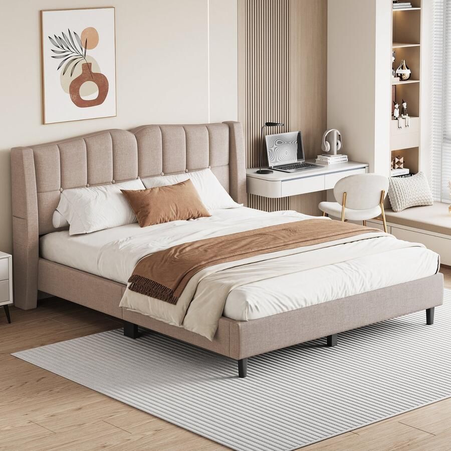 Gutent Tweepersoonsbed Donkerbeige (Zonder matras) 140 x 200 cm met Lattenbodem Unieke hoofdbordvorm knoopdesign linnen minimalistische stijl