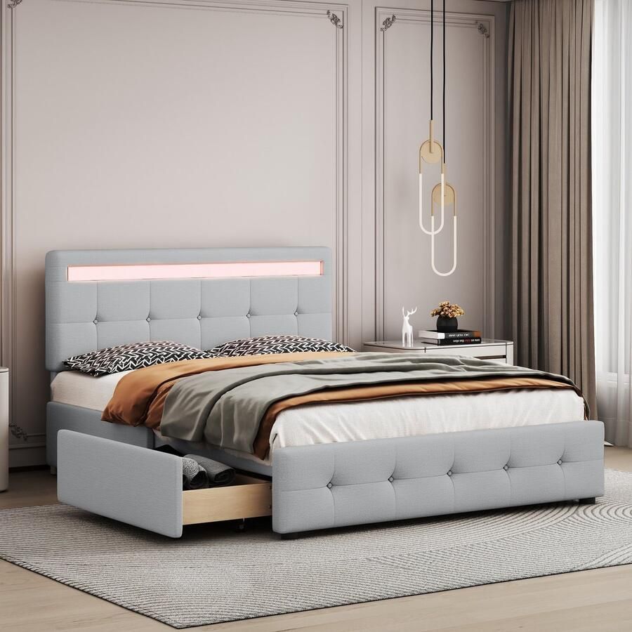 Sweiko Gestoffeerd bed 140 x 200 cm met LED Lattenbod en bedbox op wielen Tweepersoonsbed met hoofdbord en 4 lades huidvriendelijk linnen oppervlak Grijs (zonder matras)