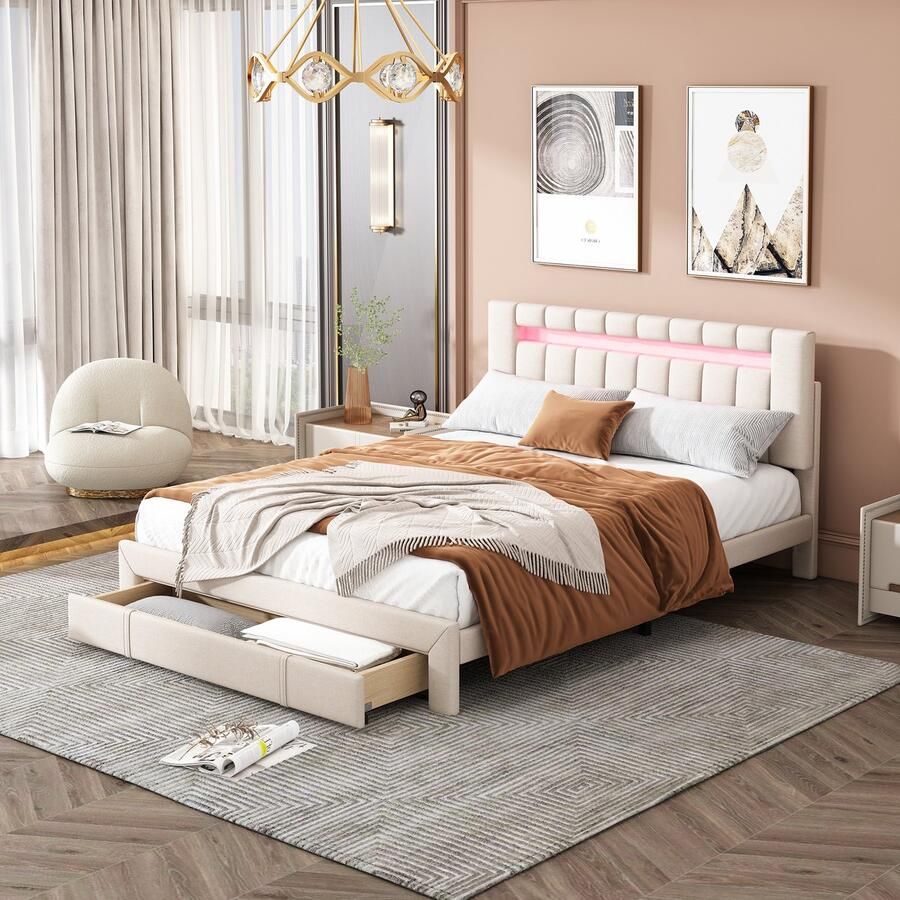 Sweiko Gestoffeerd bed 140 x 200 cm met LED Verlichting Lades Vlak noedelsframe huidvriendelijk bed Beige bed twin jeugdbed (geen matras)