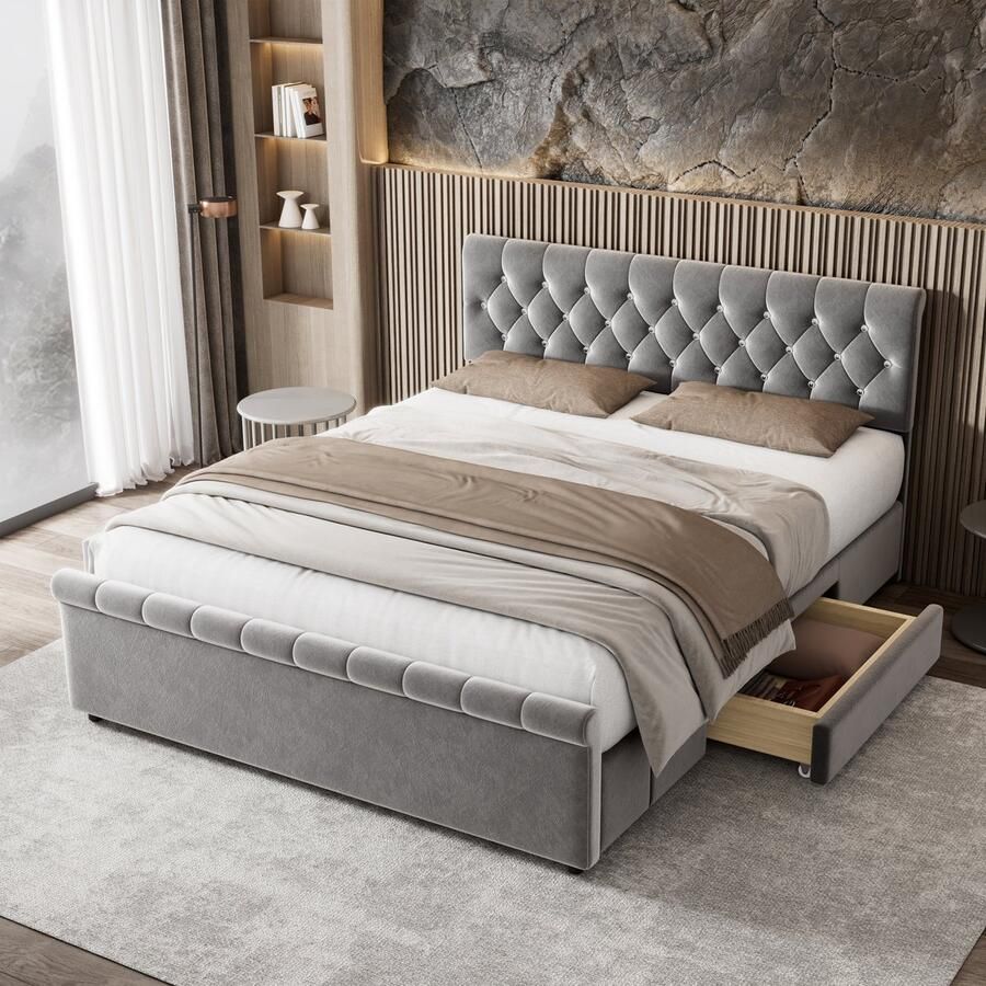 Sweiko Gestoffeerd bed 140 x 200 cm met Plat Noedelsframe en Rugleuning met 2-laden hoofdeinde met diamant trekpunt slee vorm makkelijk te installeren sneeuwvlok Grijs (Geen matras)