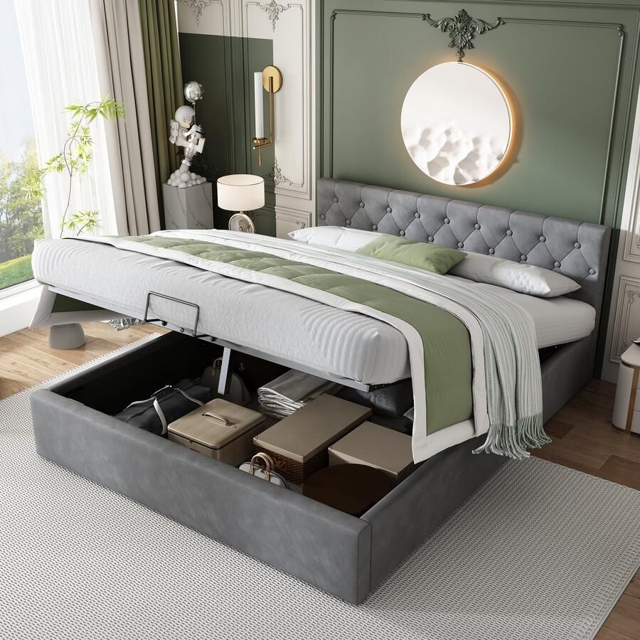 Sweiko Fluwelen stof gestoffeerd bed lattenbod tweepersoonsbed opbergruimte houten voet (Grijs 140 x 200 cm) - Foto 2