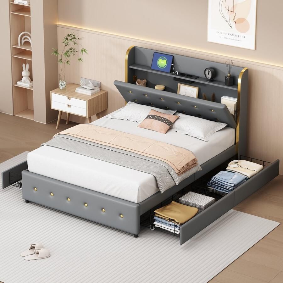 Sweiko Gestoffeerd bed 140 x 200 cm tweepersoonsbed hoofdbord met USB-aansluiting jeugdbed met lattenbod met lades design met metalen elementen kunstleer grijs (matras niet inbegrepen)