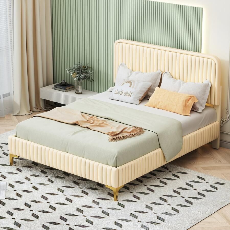 Sweiko Gestoffeerd bed 140 x 200 cm tweepersoonsbed in hoogte verstelbaar hoofdeinde jeugdbed met lattenbod met metalen poten kunstleer beige (matras niet inbegrepen)