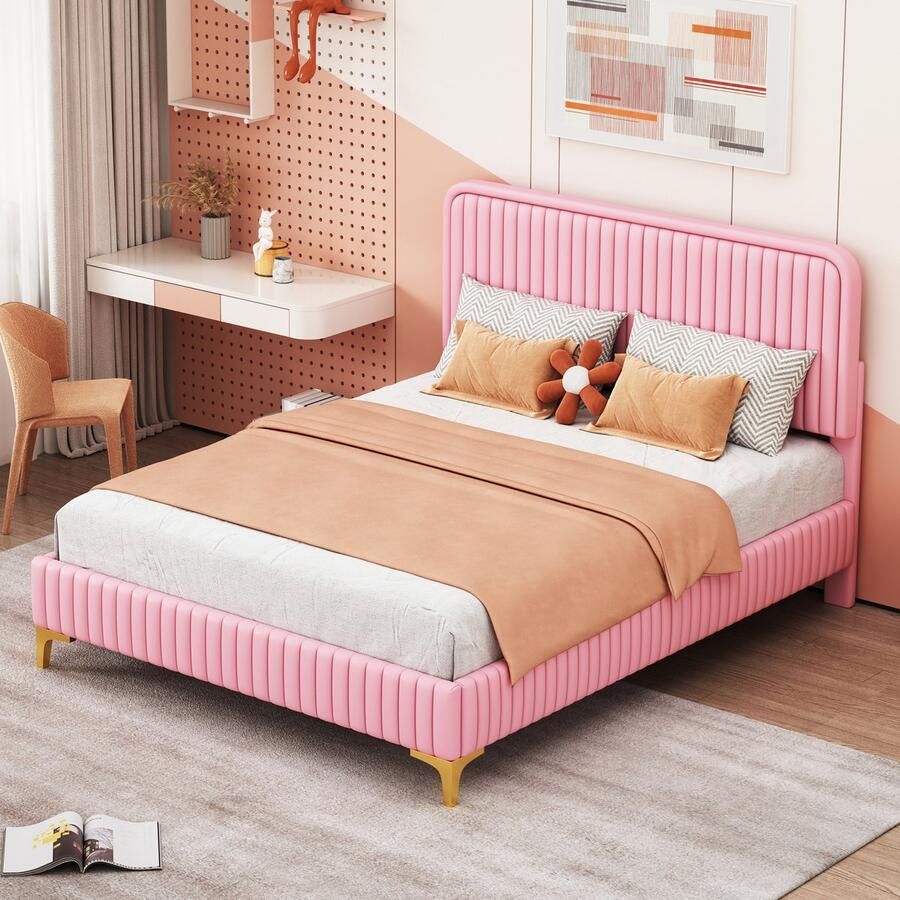 Sweiko Gestoffeerd bed 140 x 200 cm tweepersoonsbed in hoogte verstelbaar hoofdeinde jeugdbed met lattenbod met metalen poten kunstleer roze (matras niet inbegrepen)